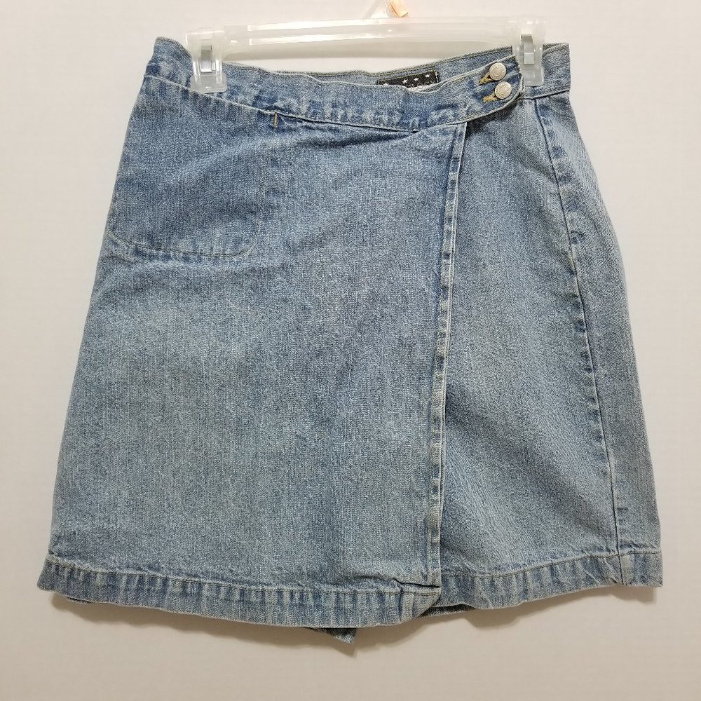 Mythology skort 8 VINTAGE denim jean wrap style skirt front shorts back cotton
